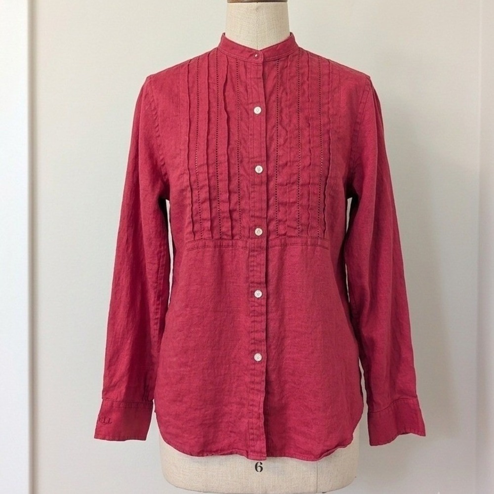 Vintage Ralph Lauren Linen Pintuck Blouse Red Button‎ Down Shirt Victorian